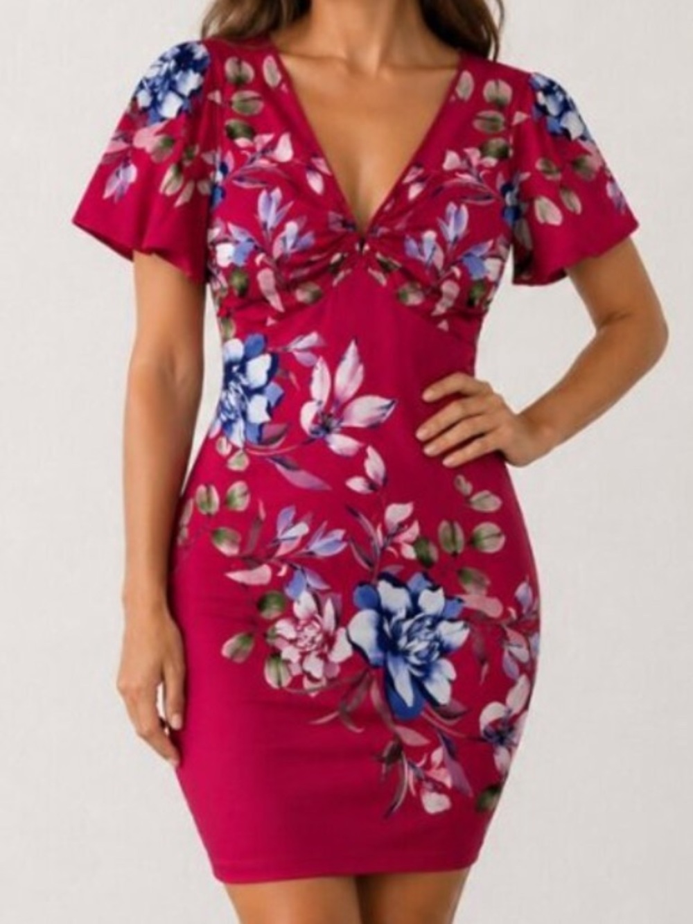 GUESS Floral Puff Sleeve Bodycon Dress Pink Multi Size 8 NWT Midi Party Wedding